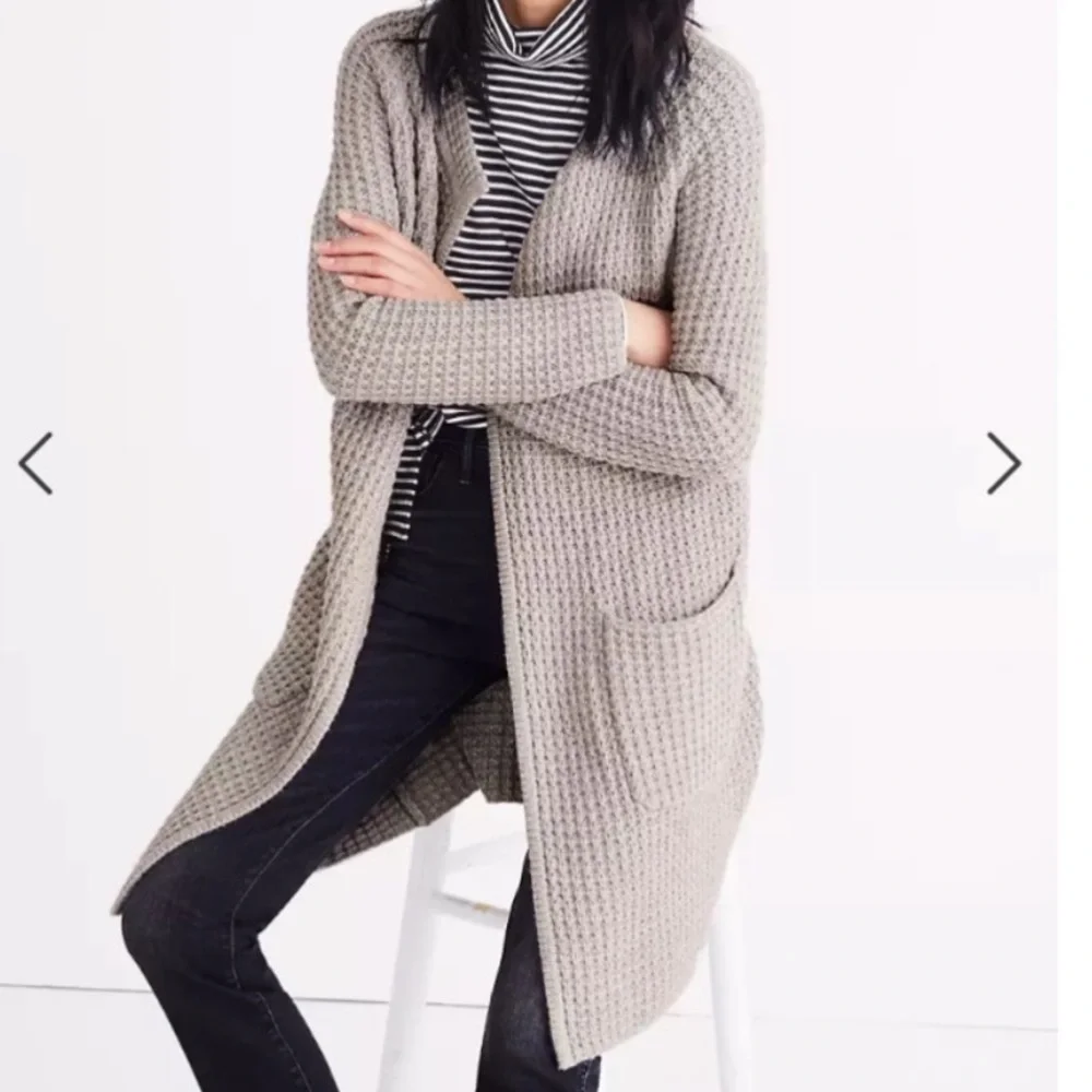 Madewell Waffle Stitch Long Sweater Cardigan Coat Pockets Gray/Silver Wool Blend